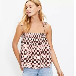 Loft NWT sunwashed linen blend floral smocked tie bow strap cami top womans sz M